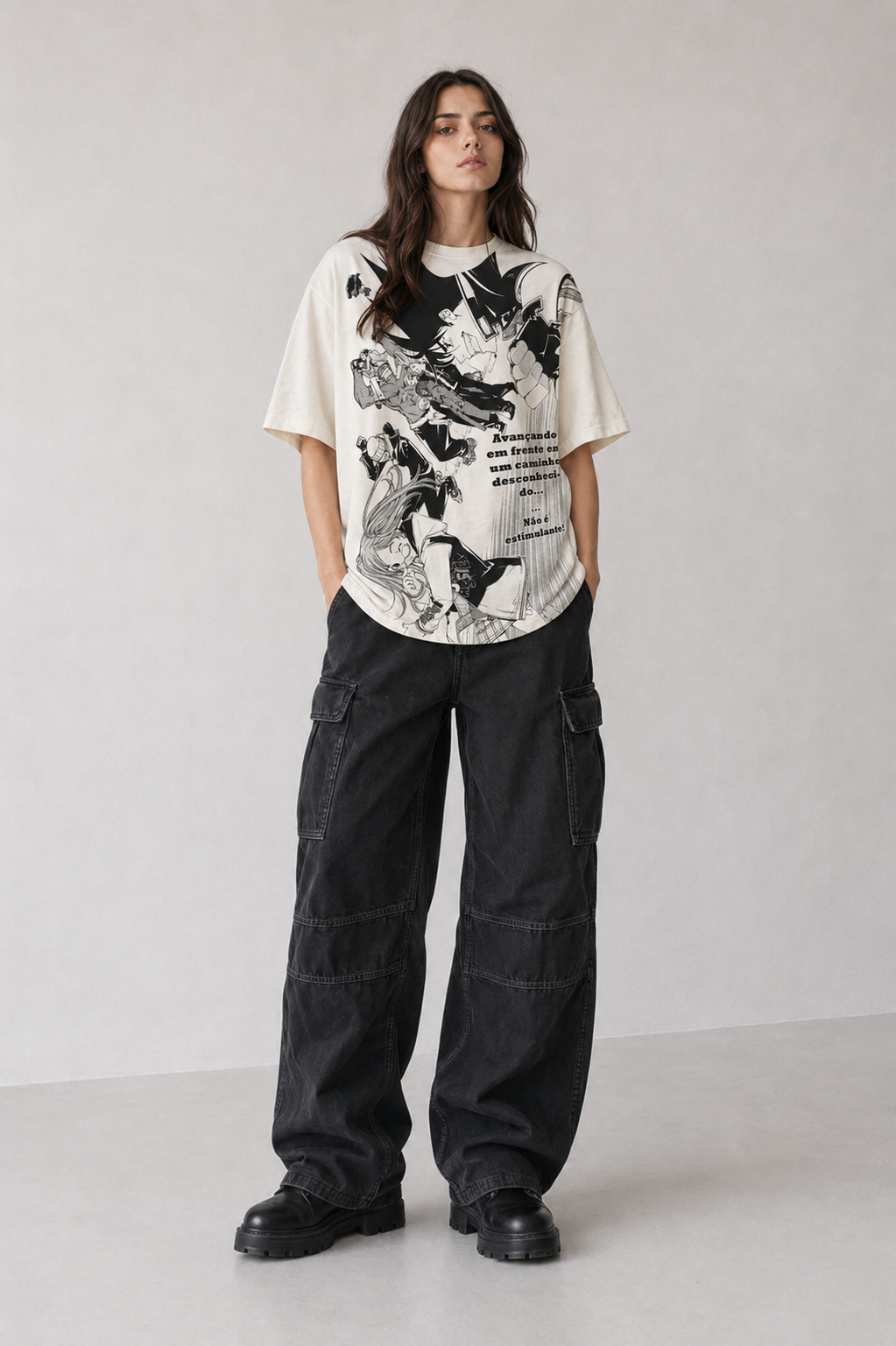 Model wearing Dragon Ball Manga Panel Collage Y2K T-Shirt, styled view 2