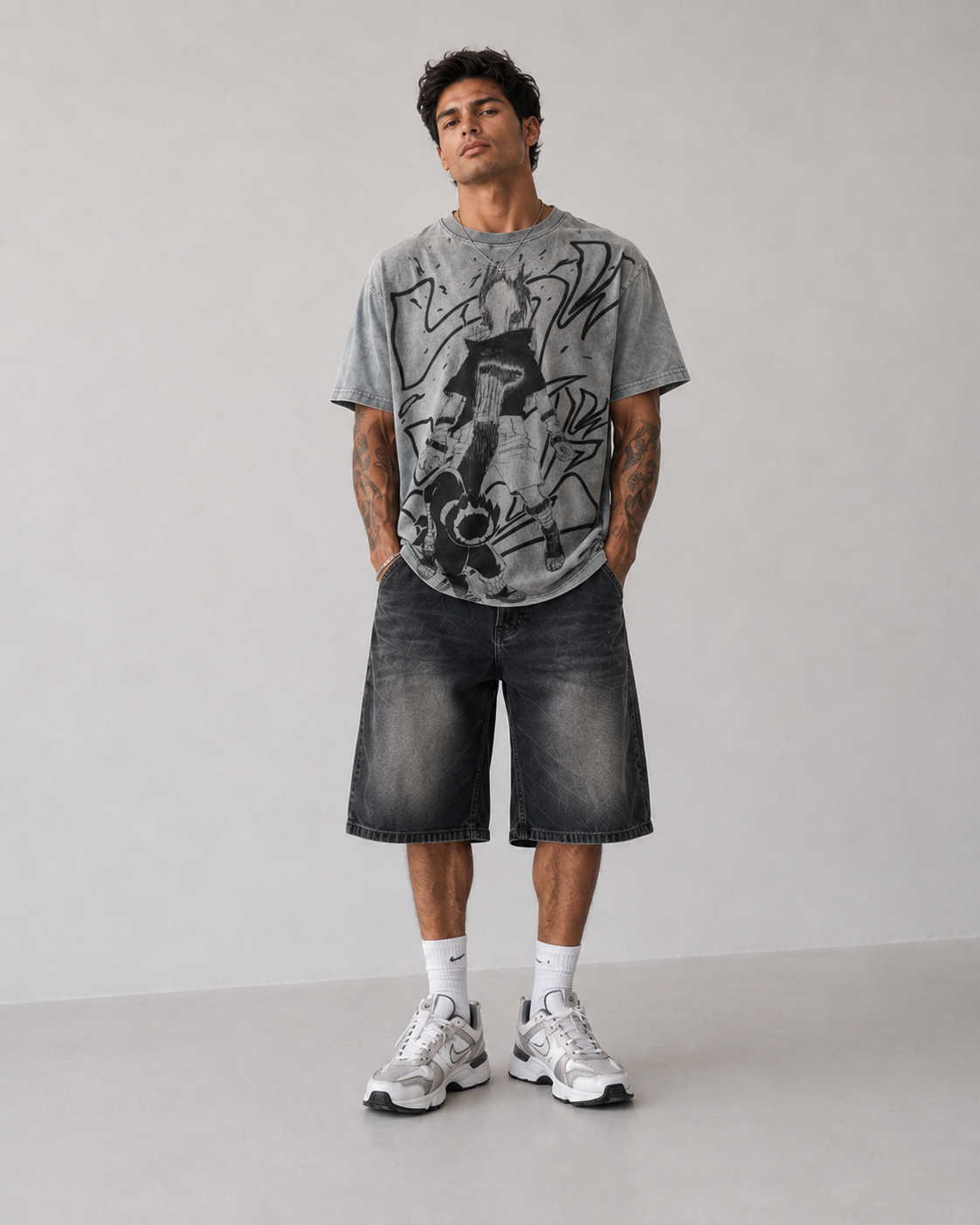 Male model wearing Rock Lee Naruto Manga Vintage Oversized T-Shirt