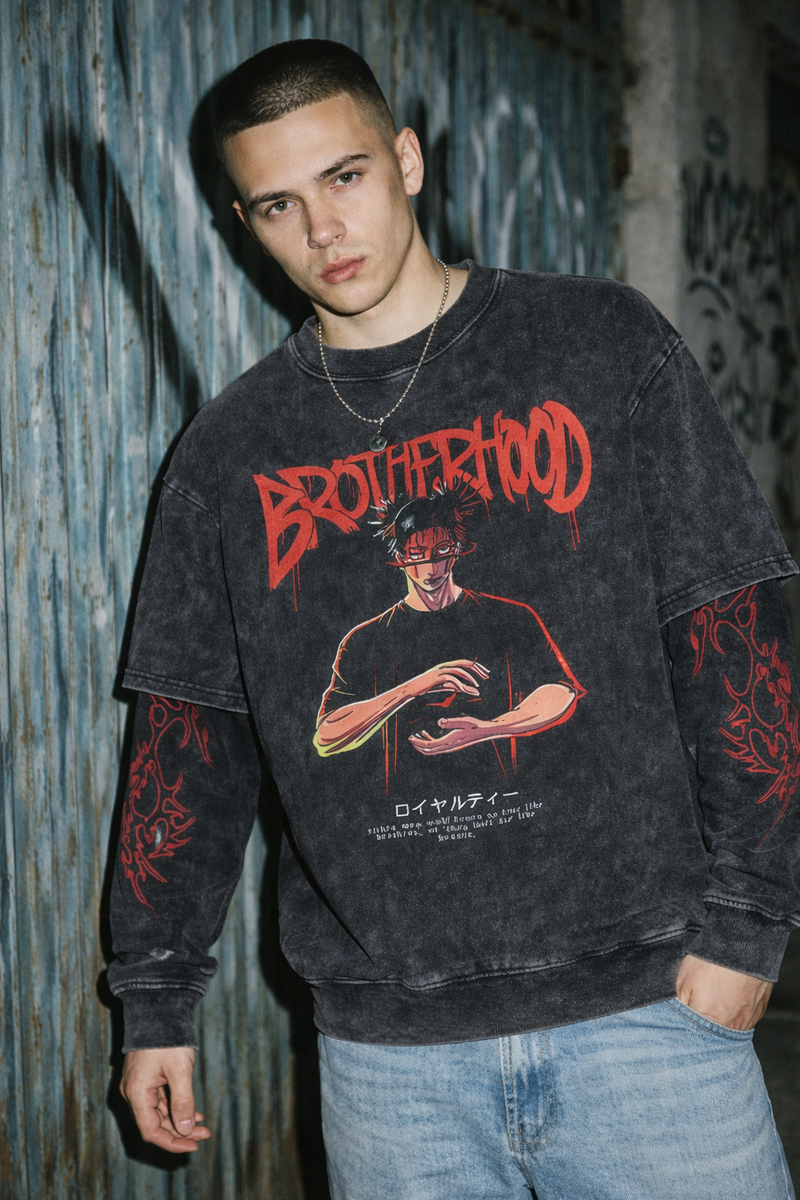 Black distressed long-sleeve t-shirt with a graphic of Gojo Satoru from Jujutsu Kaisen, with tribal-style patterns on the sleeves.