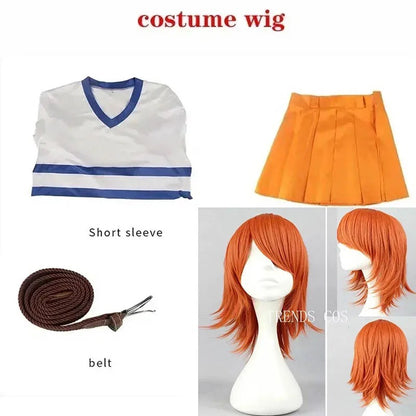 Collage of a costume wig, short-sleeve shirt, orange skirt, and belt on a white background.