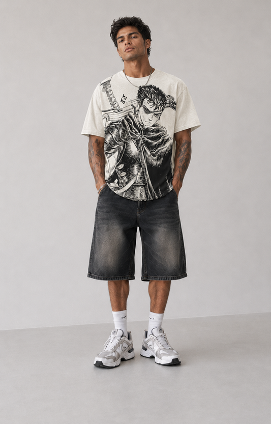 Model wearing Berserk Guts Black Swordsman Oversized T-Shirt, styled view 2