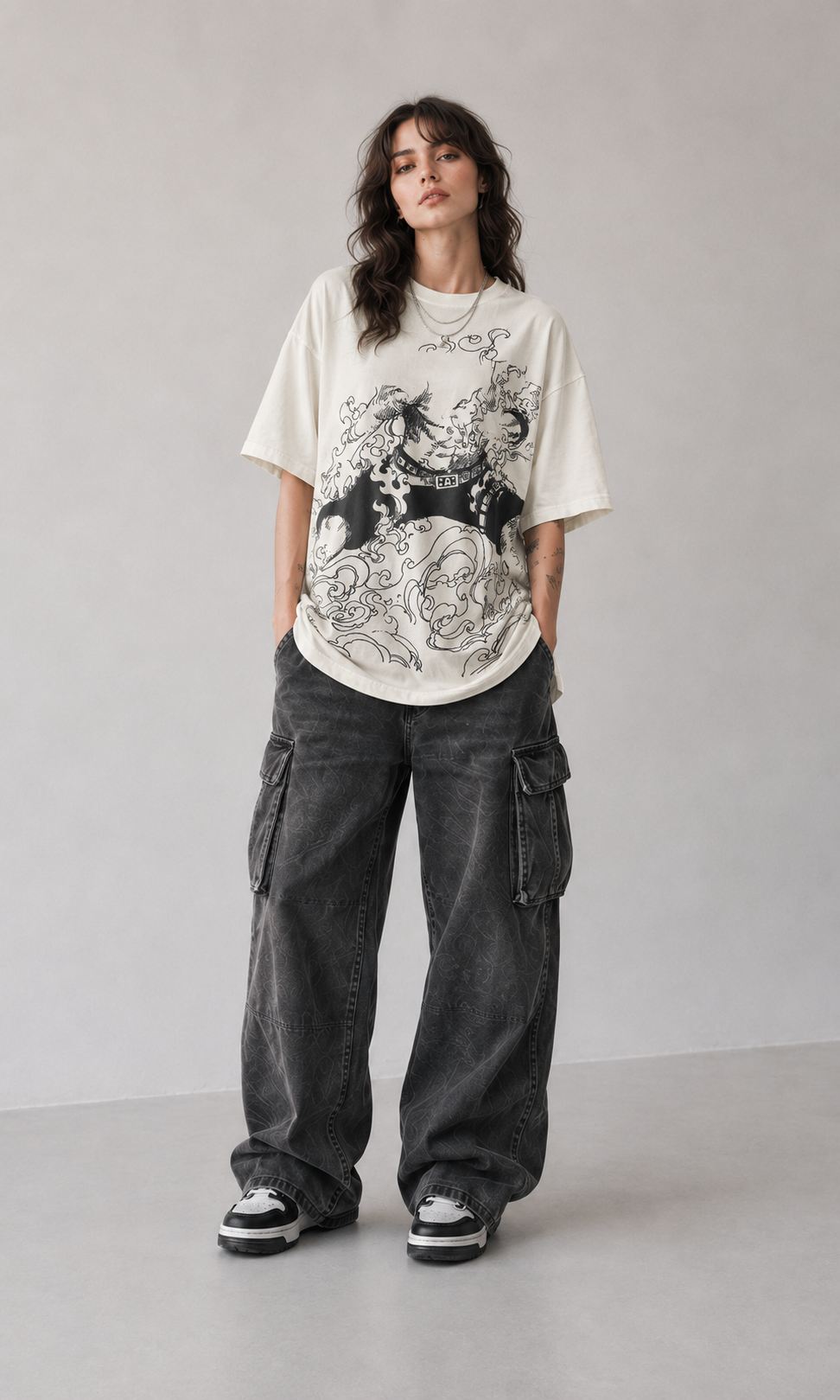 Model wearing Luffy Gear Fifth State One Piece Oversized T-Shirt