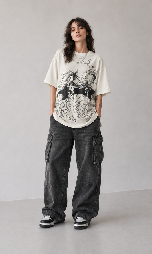 Model wearing Luffy Gear Fifth State One Piece Oversized T-Shirt