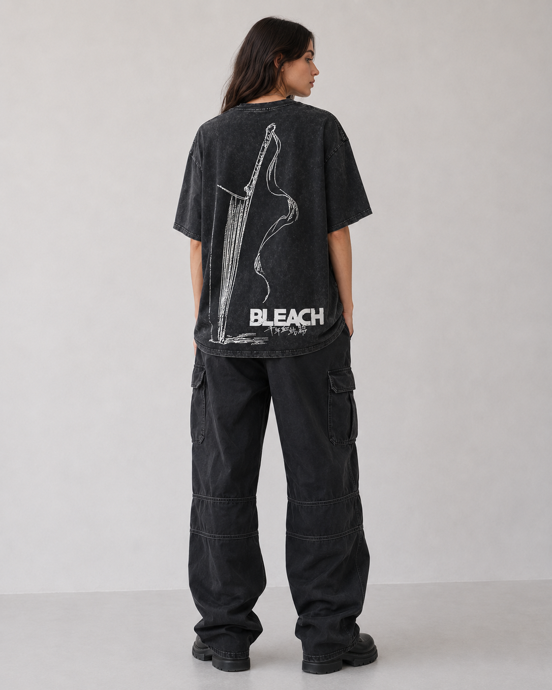 Model wearing Bleach Ichigo Zangetsu Vintage Wash T-Shirt, styled view 3