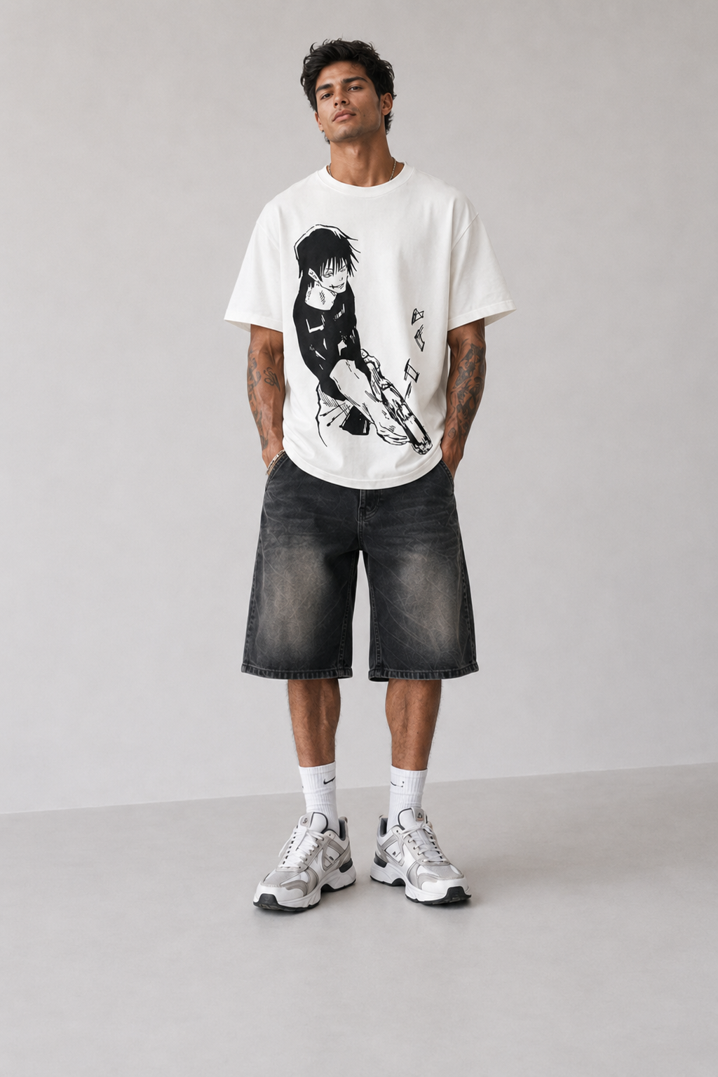 Male model wearing Toji Fushiguro Jujutsu Kaisen manga T-shirt