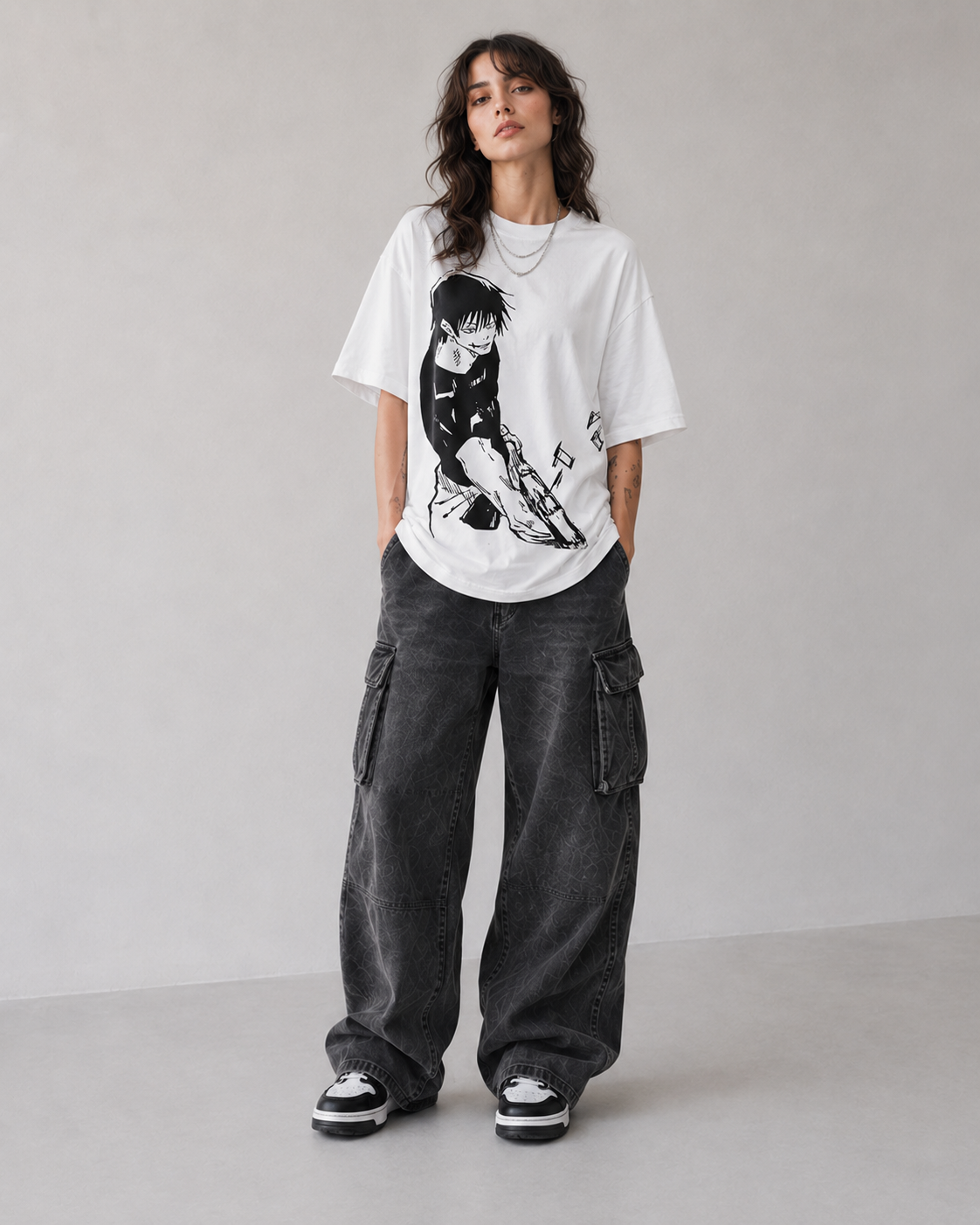 Female model wearing Toji Fushiguro Jujutsu Kaisen manga T-shirt