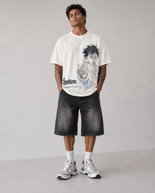 Model wearing Yuta Okkotsu Limitless Manga T-Shirt, styled view 2