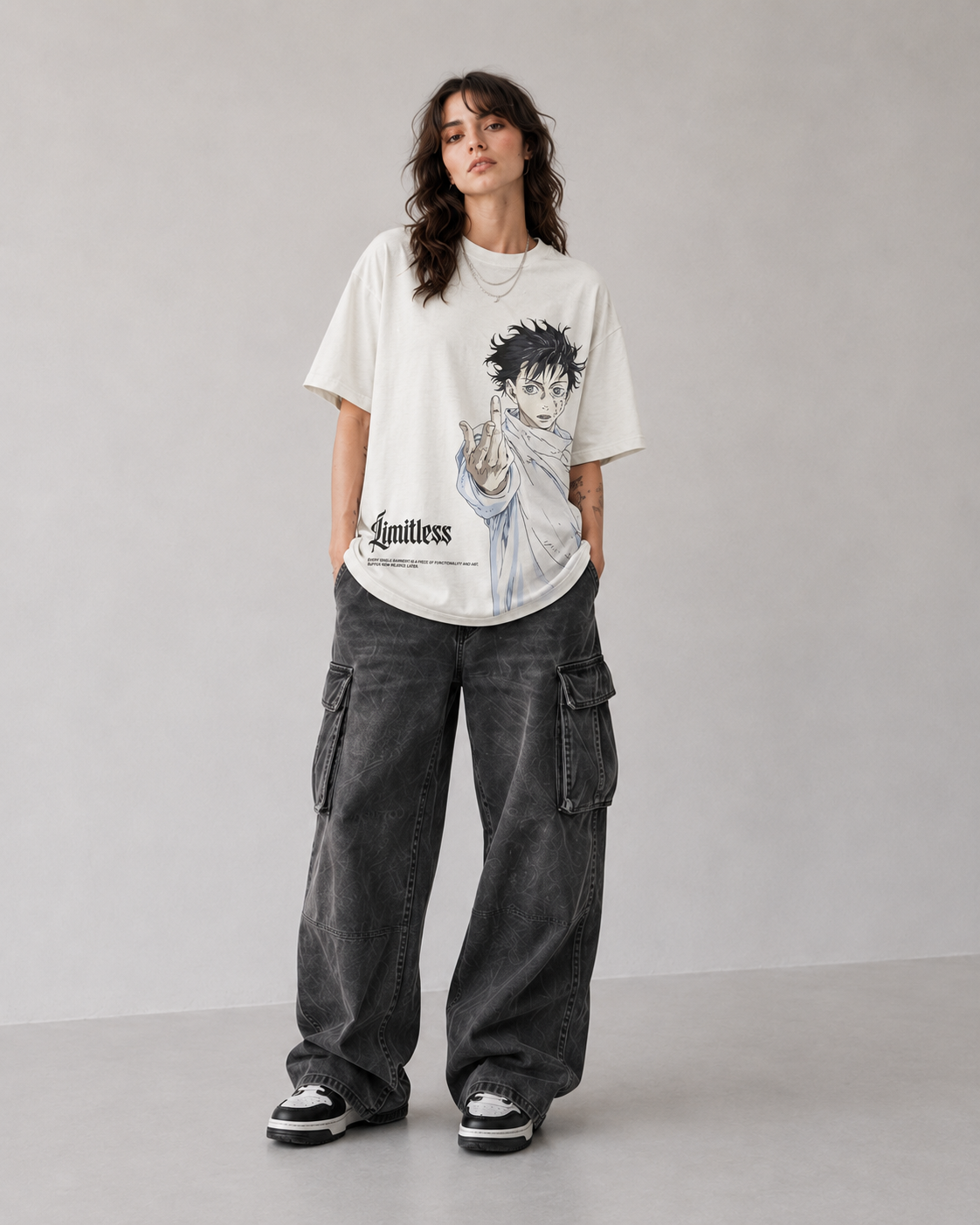 Model wearing Yuta Okkotsu Limitless Manga T-Shirt, styled view 3
