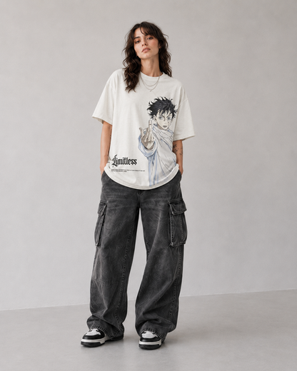Model wearing Yuta Okkotsu Limitless Manga T-Shirt, styled view 3