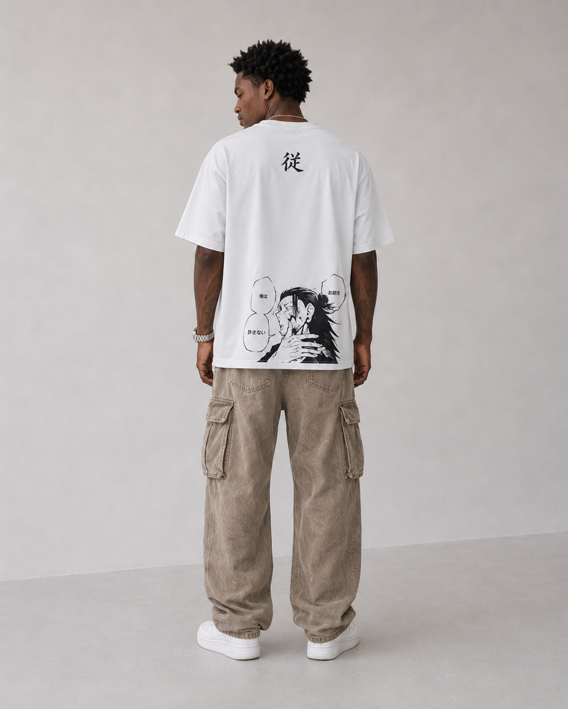 Model wearing Suguru Geto Jujutsu Kaisen White Manga T-Shirt, styled view 3