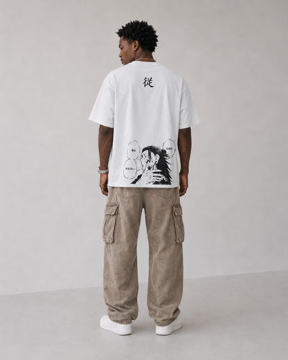 Model wearing Suguru Geto Jujutsu Kaisen White Manga T-Shirt, styled view 3