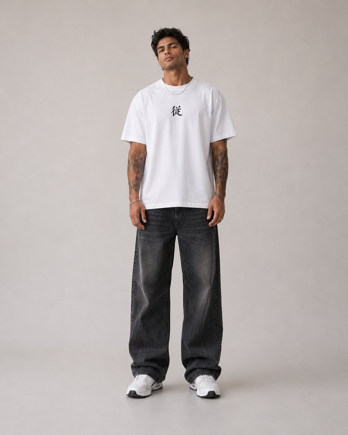 Model wearing Suguru Geto Jujutsu Kaisen White Manga T-Shirt, styled view 4