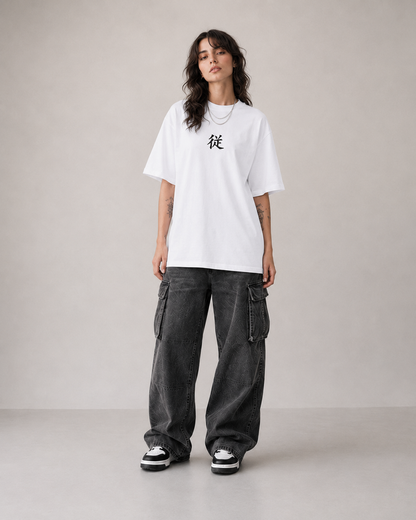 Model wearing Suguru Geto Jujutsu Kaisen White Manga T-Shirt, styled view 5