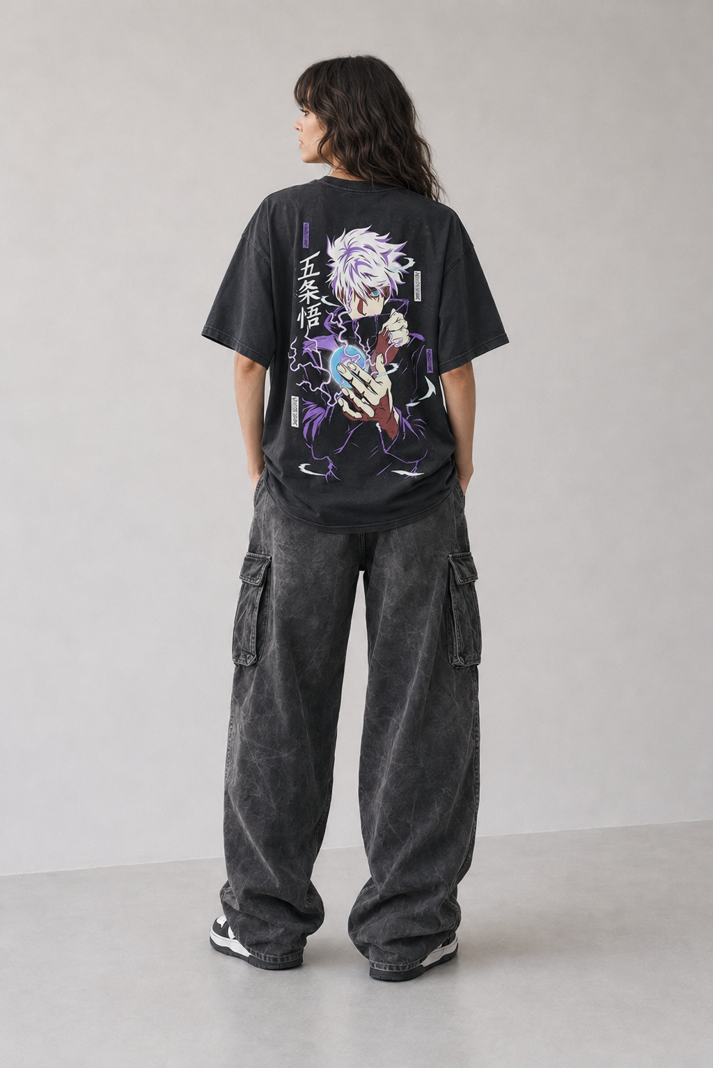 Model wearing Satoru Gojo Hollow Purple Graphic T-Shirt, styled view 4