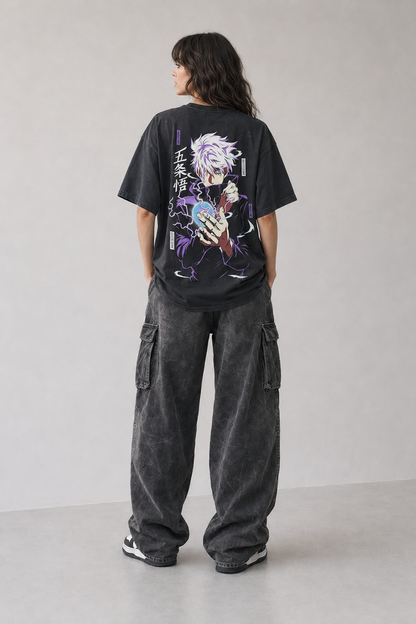 Model wearing Satoru Gojo Hollow Purple Graphic T-Shirt, styled view 4