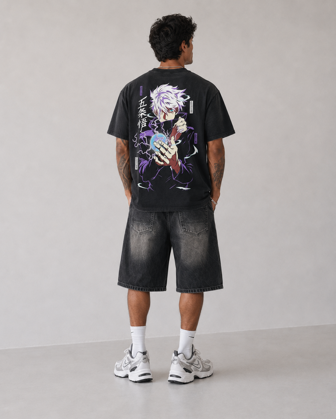 Model wearing Satoru Gojo Hollow Purple Graphic T-Shirt, styled view 5