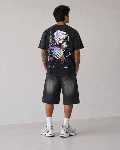 Model wearing Satoru Gojo Hollow Purple Graphic T-Shirt, styled view 5