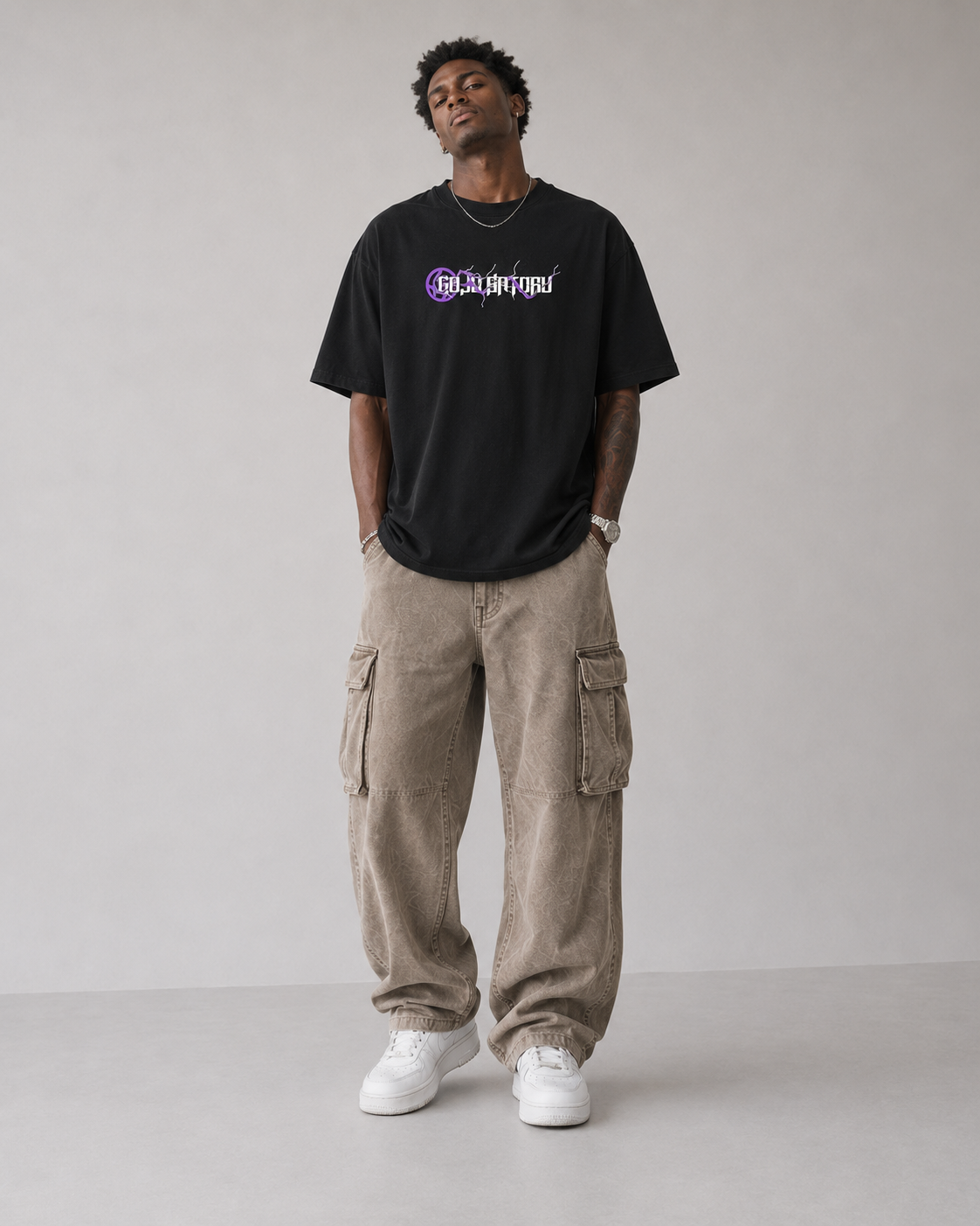 Model wearing Satoru Gojo Hollow Purple Graphic T-Shirt, styled view 2