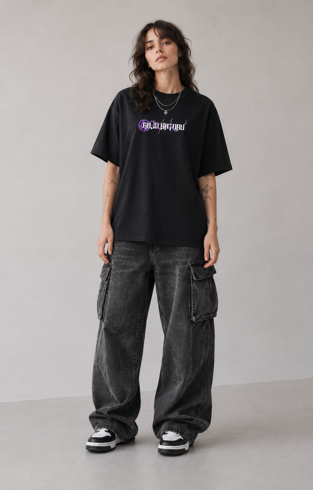 Model wearing Satoru Gojo Hollow Purple Graphic T-Shirt, styled view 3