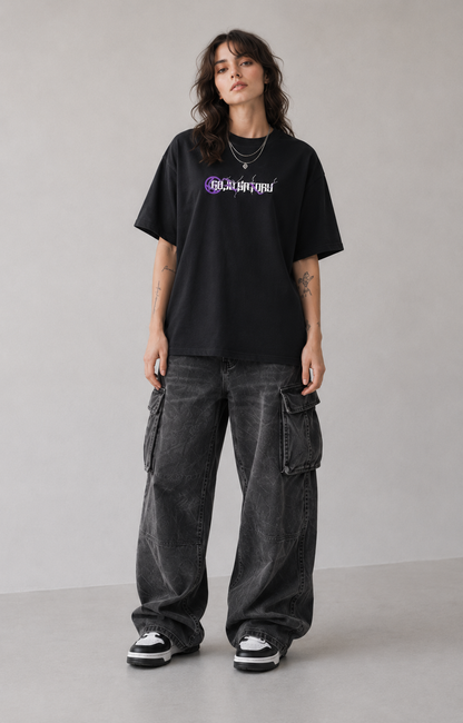 Model wearing Satoru Gojo Hollow Purple Graphic T-Shirt, styled view 3