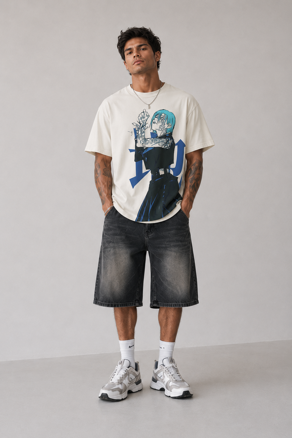 Model wearing Mahito Limitless Jujutsu Kaisen Graphic T-Shirt, styled view 2
