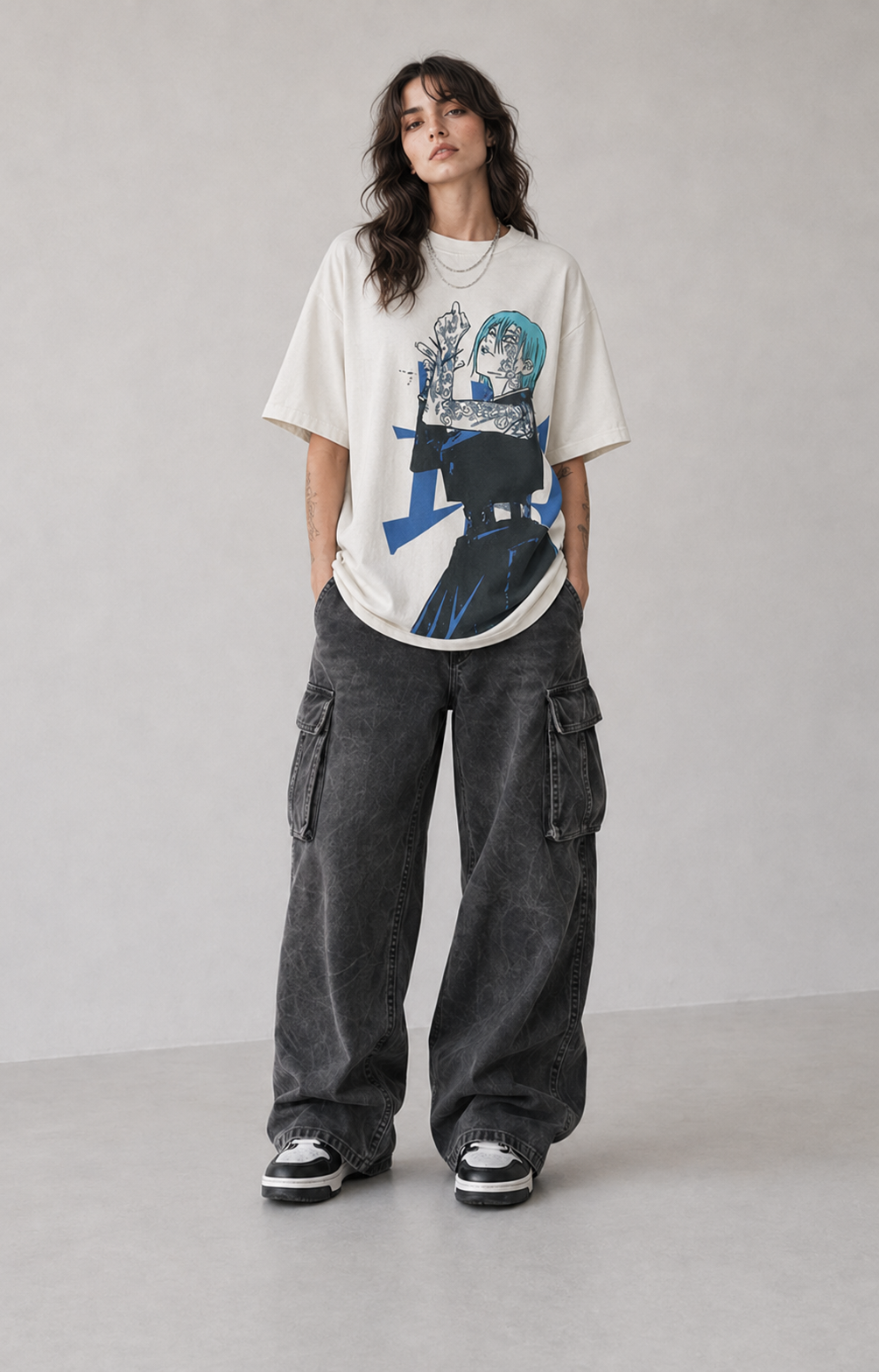 Model wearing Mahito Limitless Jujutsu Kaisen Graphic T-Shirt, styled view 3