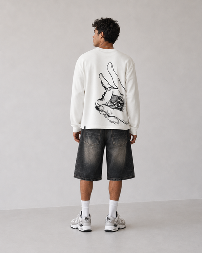 Model wearing Berserk Hand & Eclipse Eye Long Sleeve Shirt, styled view 4
