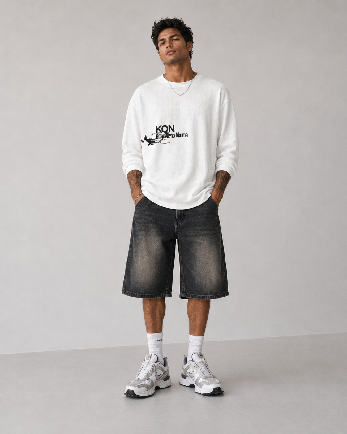 Model wearing Berserk Hand & Eclipse Eye Long Sleeve Shirt, styled view 6