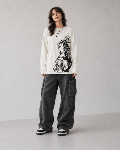 Model wearing Diego Brando Steel Ball Run Henley long sleeve shirt, styled view 1