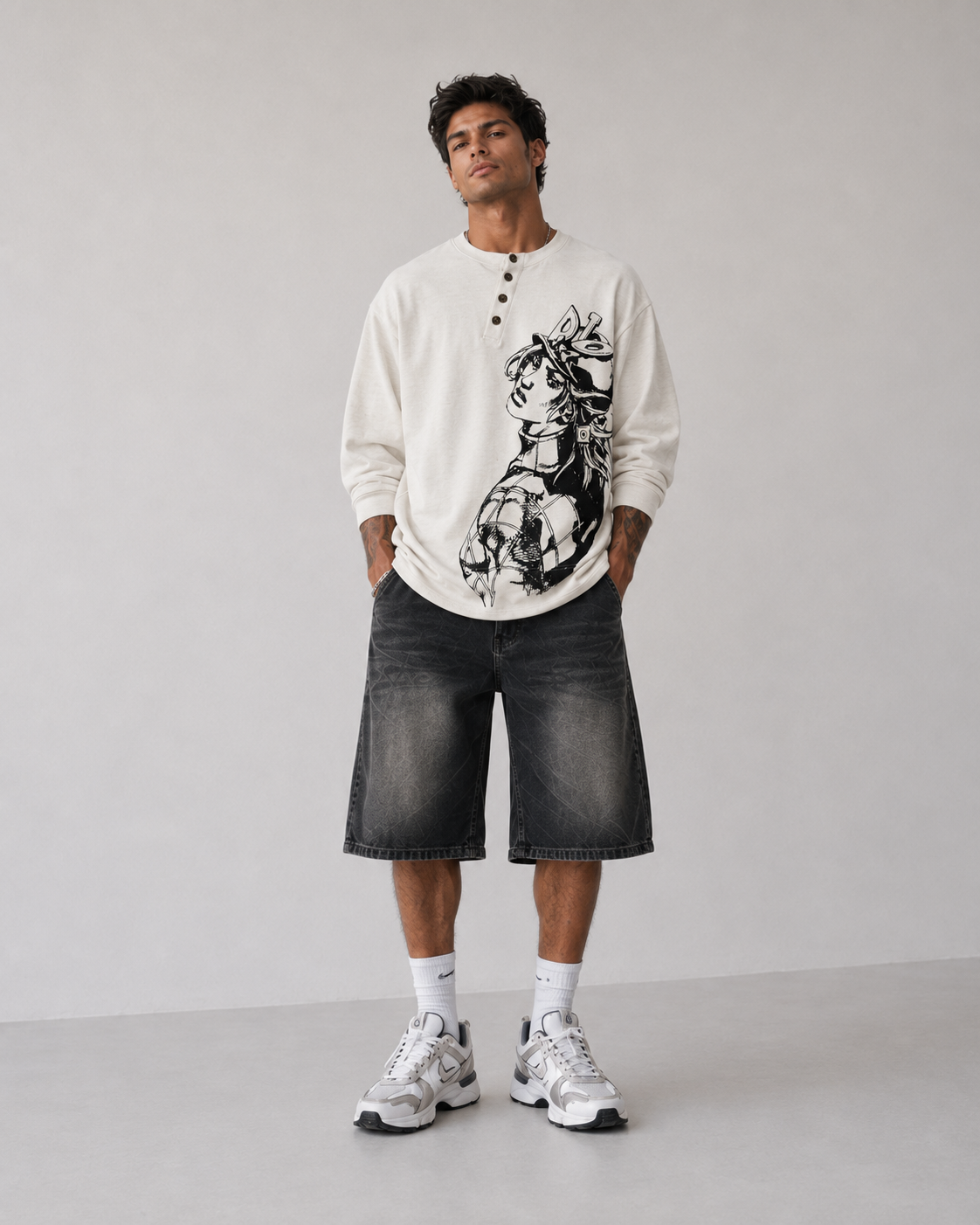Model wearing Diego Brando Steel Ball Run Henley long sleeve shirt, styled view 2