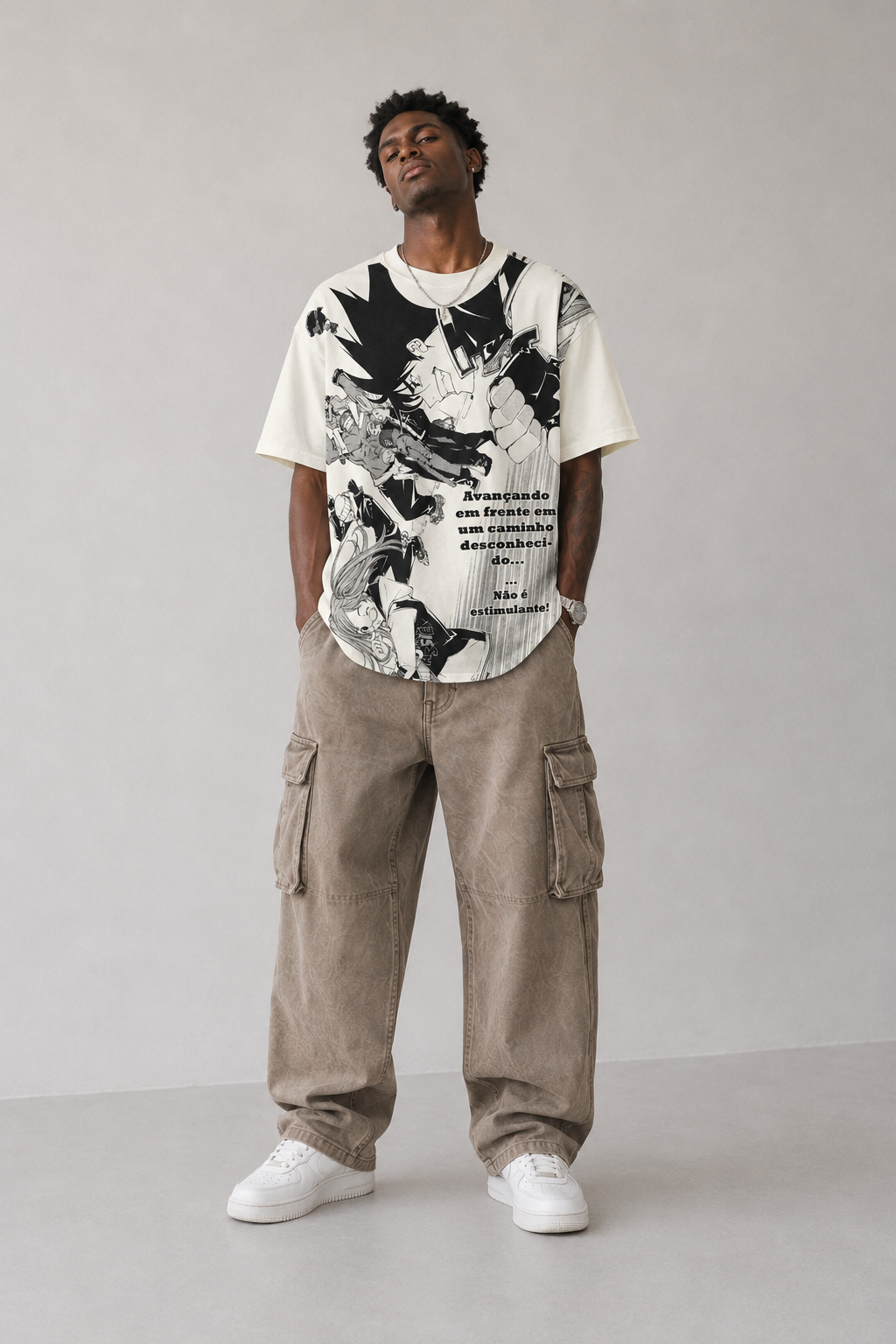 Model wearing Dragon Ball Manga Panel Collage Y2K T-Shirt, styled view 1