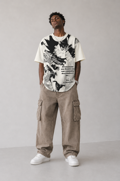 Model wearing Dragon Ball Manga Panel Collage Y2K T-Shirt, styled view 1