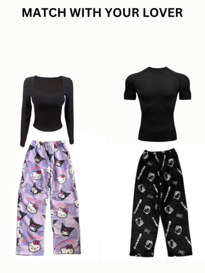 Lavender Hello Kitty & Kuromi Pajama Pants for Couples