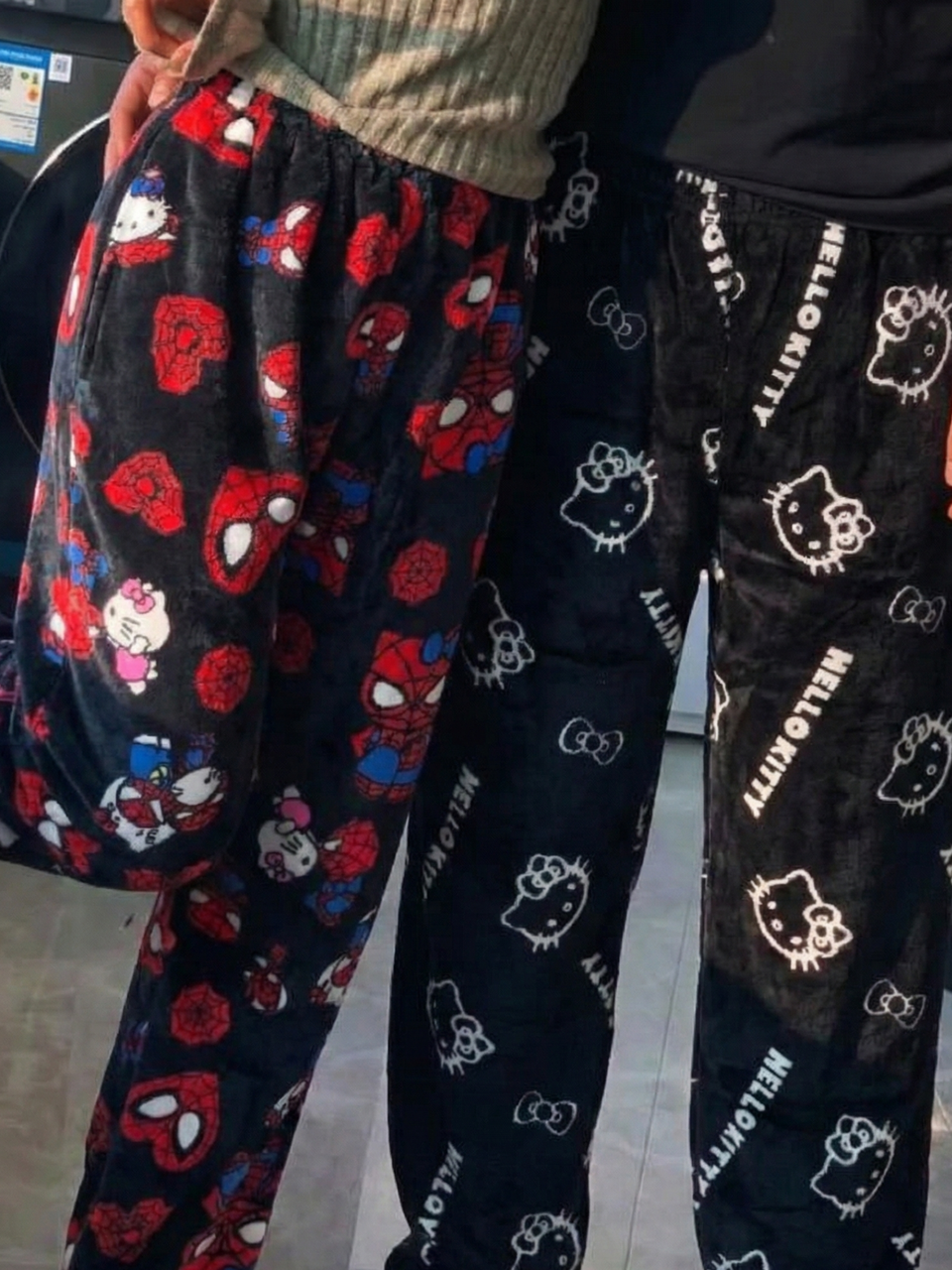 Black Hello Kitty Outline Pajama Pants for Couples