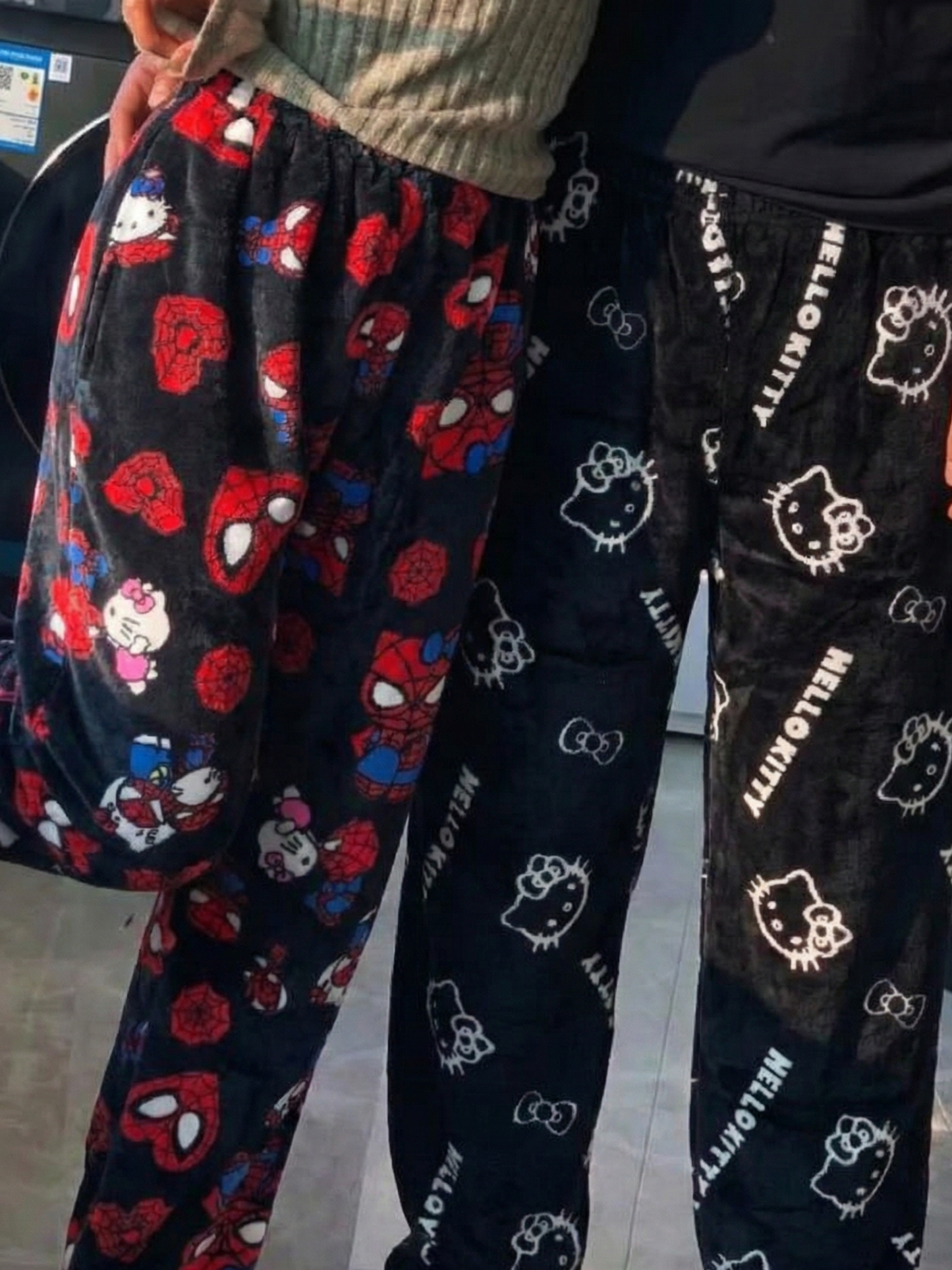 Black Hello Kitty & Spider‑Man Pajama Pants for Couples