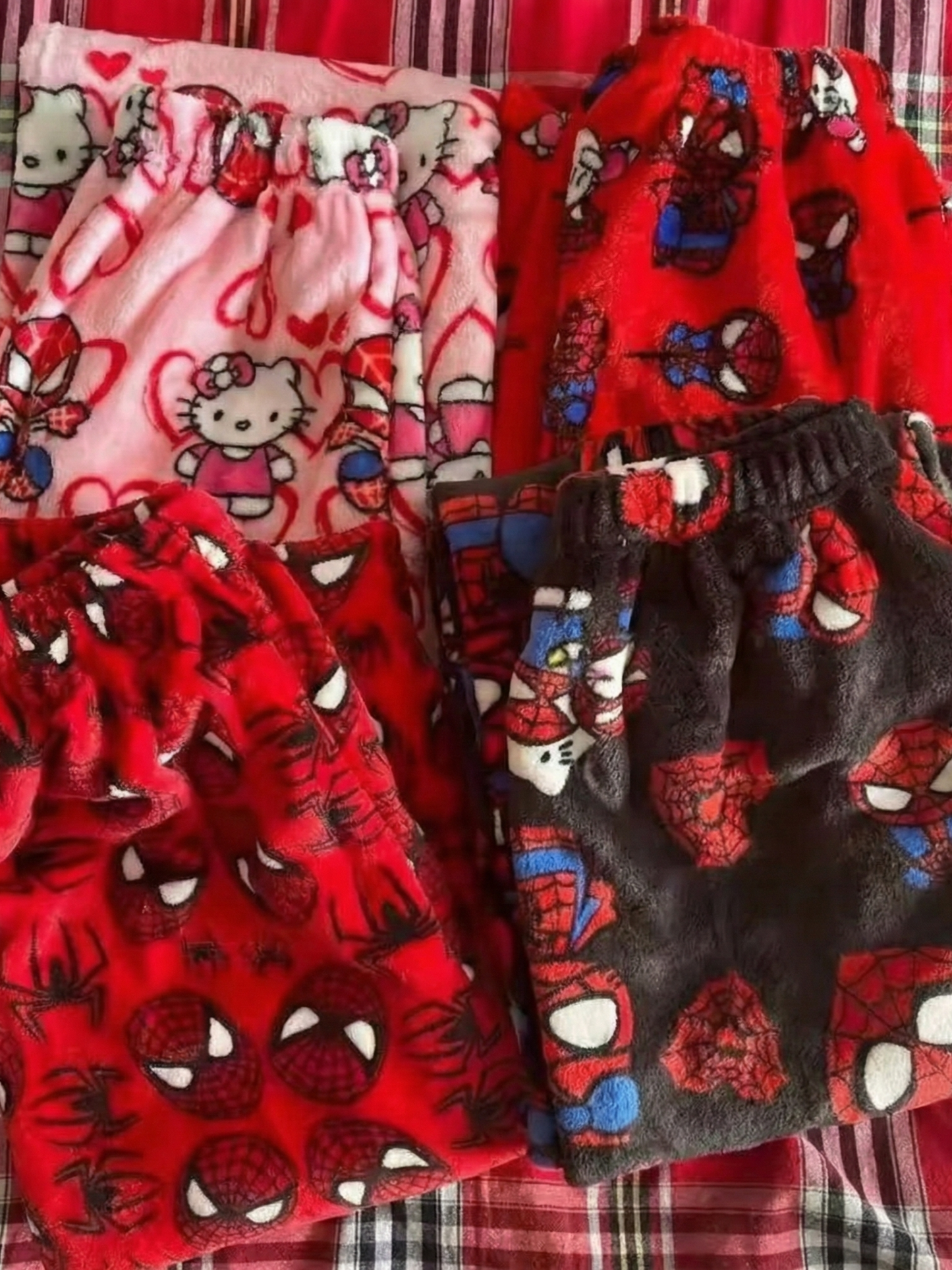 Red Hello Kitty & Spider‑Man Pajama Pants for Couples