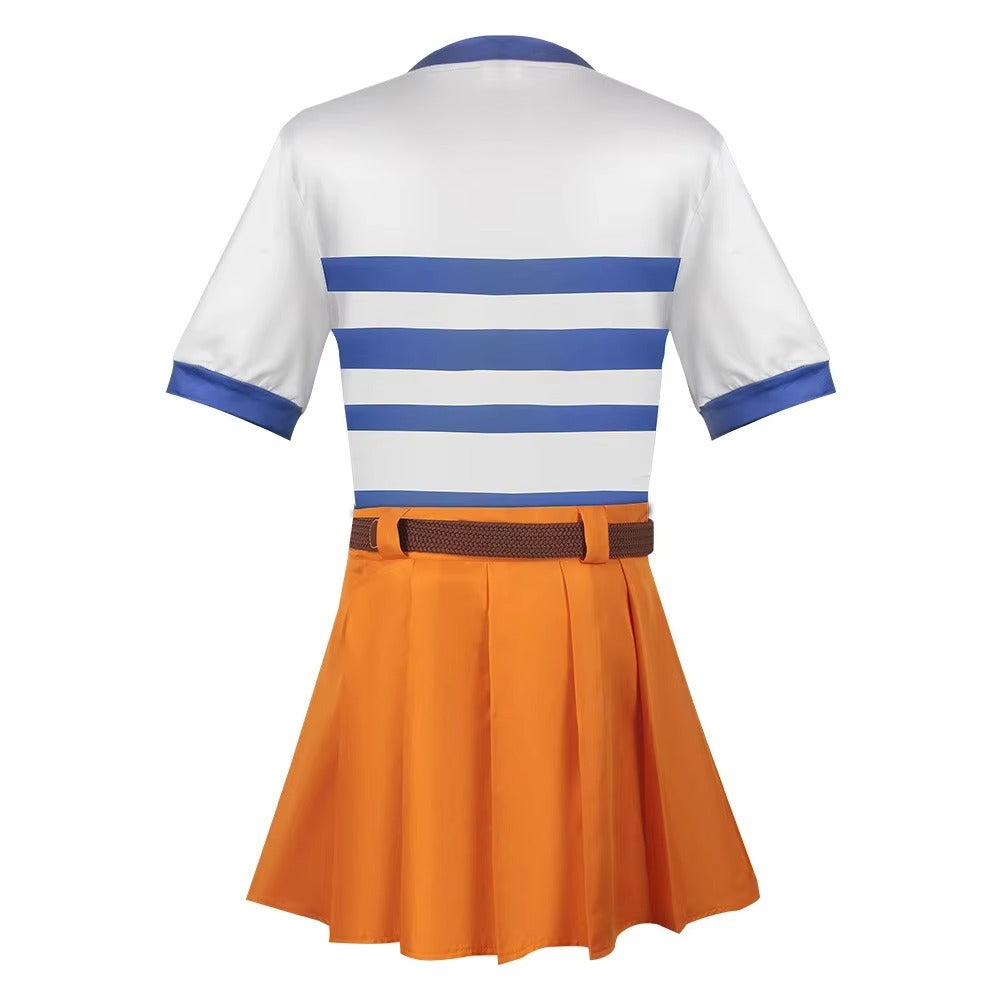 A costume dress shown from the back, featuring a white short-sleeve top with blue horizontal stripes and blue trim, paired with an orange pleated skirt and a brown belt.