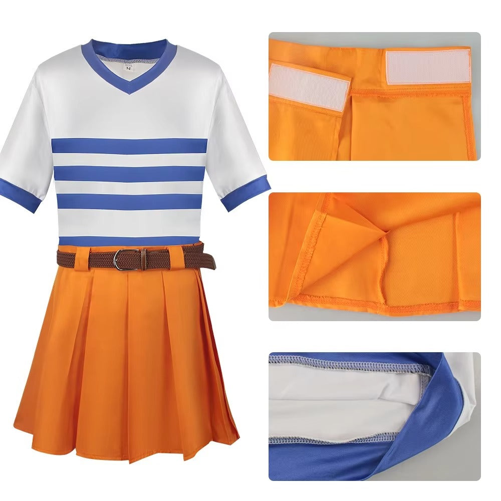 White and blue striped shirt with orange skirt and belt, shown on a white background.