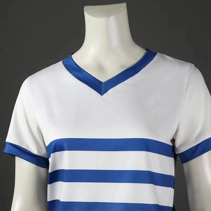 White short-sleeve V-neck t-shirt with blue trim and horizontal blue stripes, displayed on a white mannequin torso against a dark gray background.