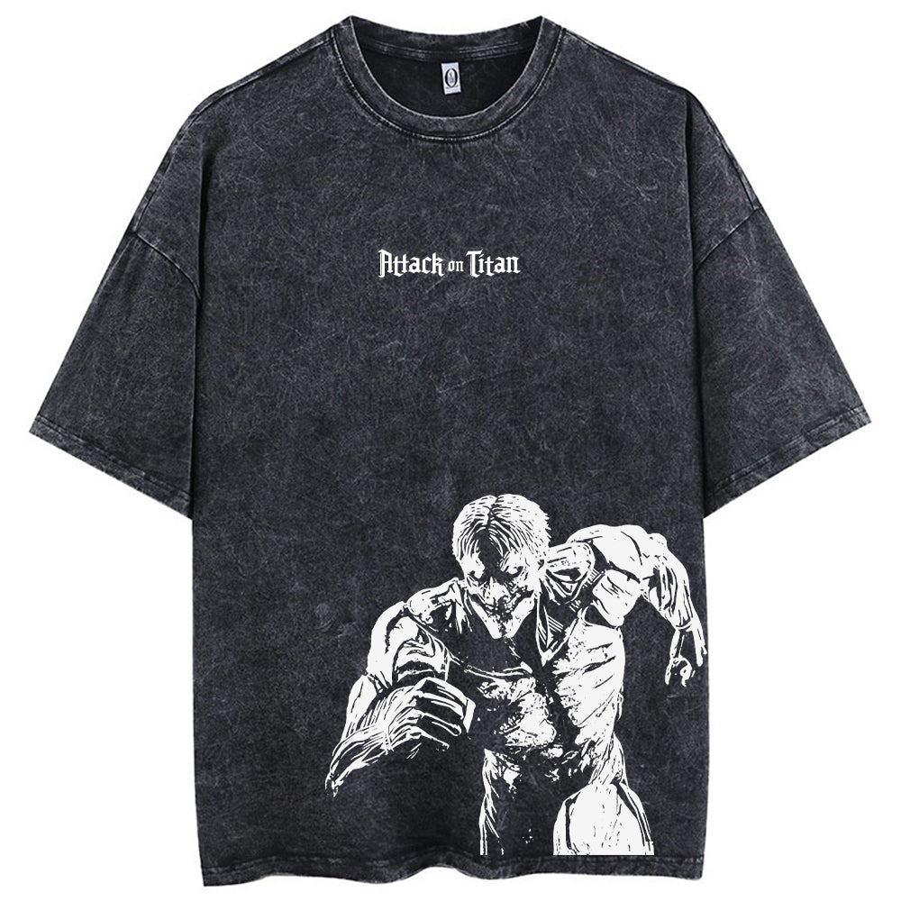Front view of oversized 240 GSM vintage black acid wash t-shirt featuring gothic Attack on Titan logo and Armored Titan charging graphic.