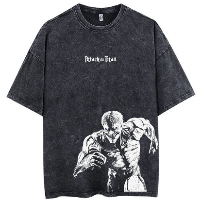 Front view of oversized 240 GSM vintage black acid wash t-shirt featuring gothic Attack on Titan logo and Armored Titan charging graphic.