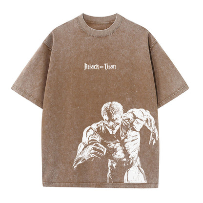 Front view of oversized 240 GSM vintage brown acid wash t-shirt featuring gothic Attack on Titan logo and Armored Titan charging graphic.