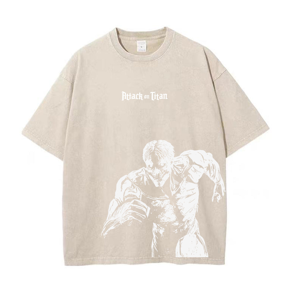 Front view of oversized 240 GSM vintage sand acid wash t-shirt featuring gothic Attack on Titan logo and Armored Titan charging graphic.