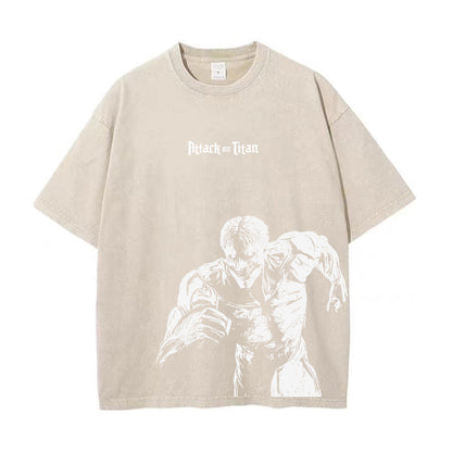 Front view of oversized 240 GSM vintage sand acid wash t-shirt featuring gothic Attack on Titan logo and Armored Titan charging graphic.