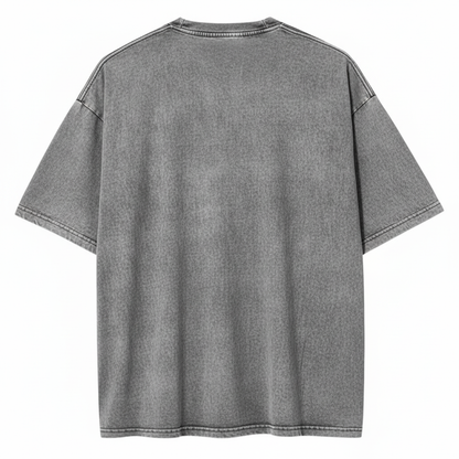 Back view of blank vintage grey acid wash t-shirt featuring a drop shoulder oversized fit.