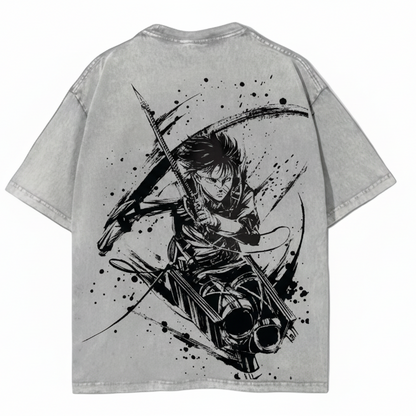 Back view of vintage grey Attack on Titan t-shirt featuring massive sumi-e ink splatter graphic of Season 4 bandaged Captain Levi using ODM blades.