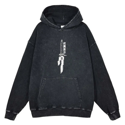 A black vintage hoodie featuring a graphic of an inverted spear and text on the front.