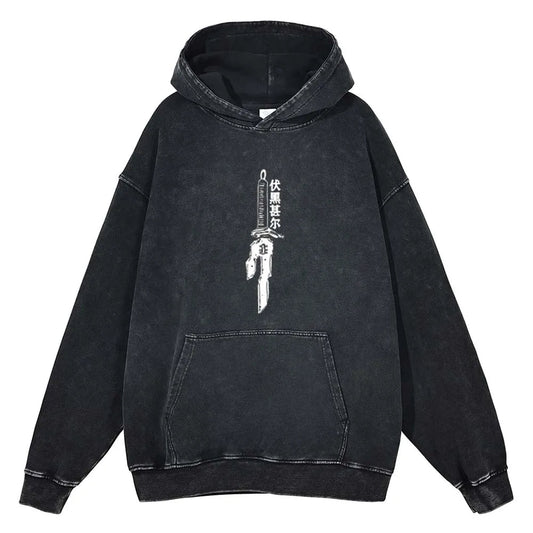 A black vintage hoodie featuring a graphic of an inverted spear and text on the front.