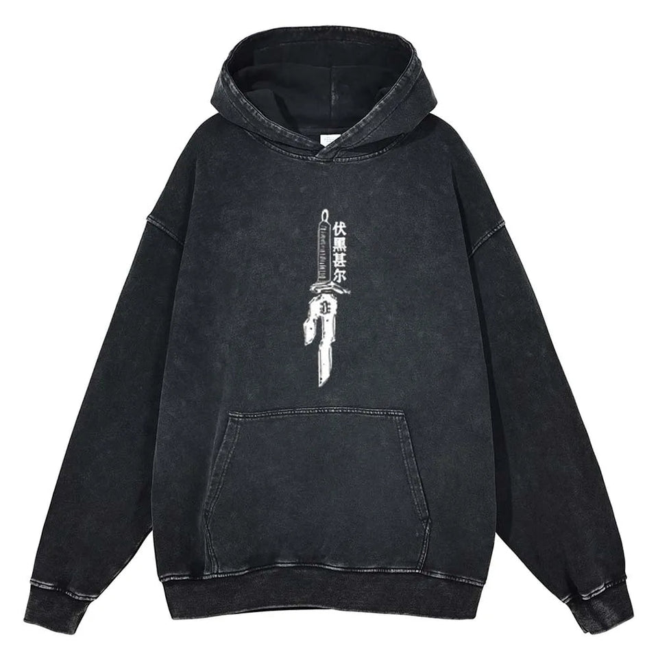 A black vintage hoodie featuring a graphic of an inverted spear and text on the front.