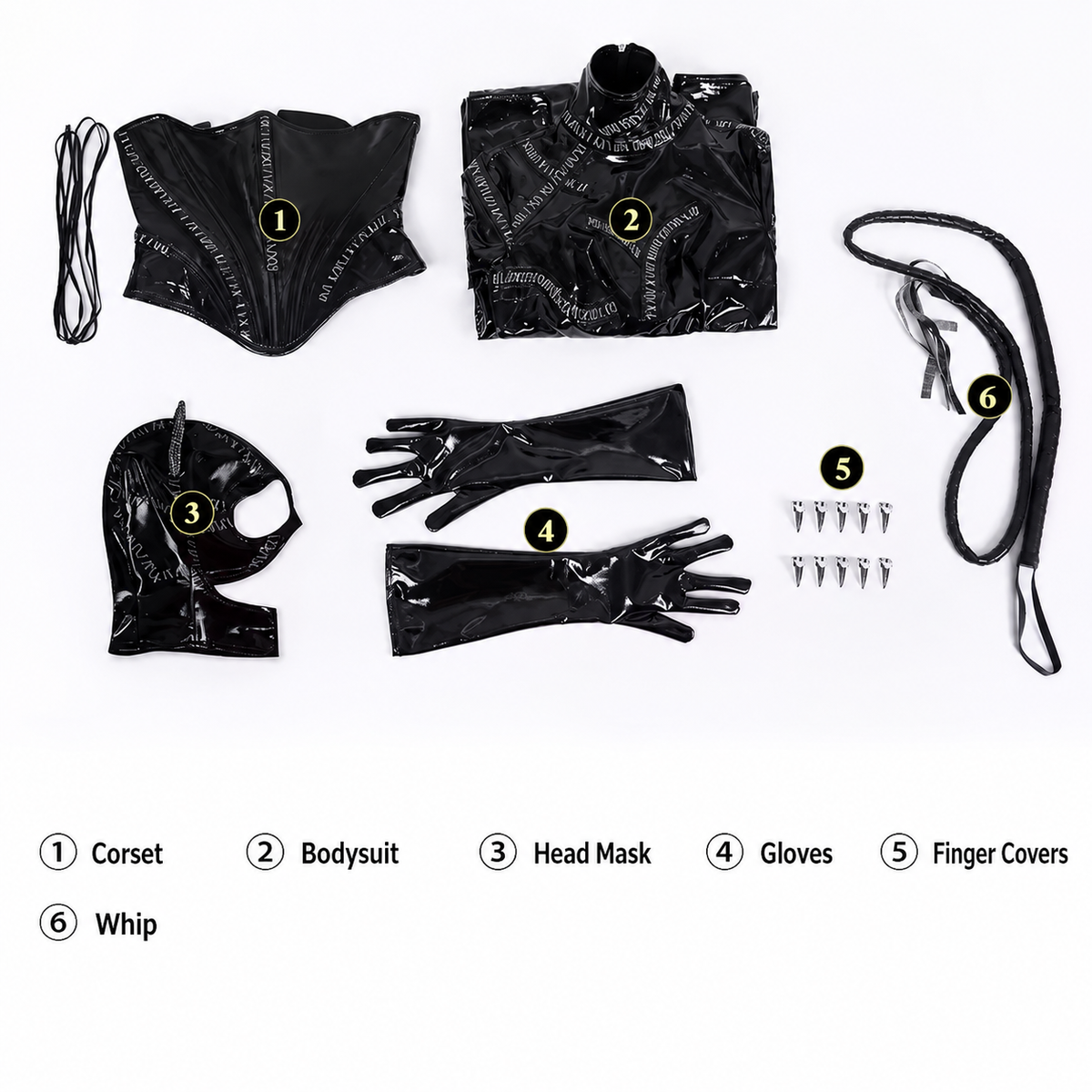 Black latex adult costume set laid out on a white background, including a corset, bodysuit, head mask, gloves, finger covers, whip, and small metal pins, with numbered labels and a matching key at the bottom.